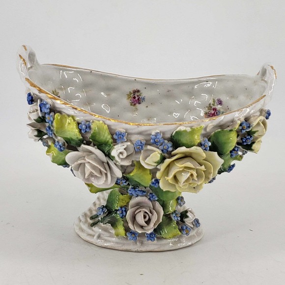 Vintage Porcelain Delicate Applied Flower Basket Weave small footed Candy Dish